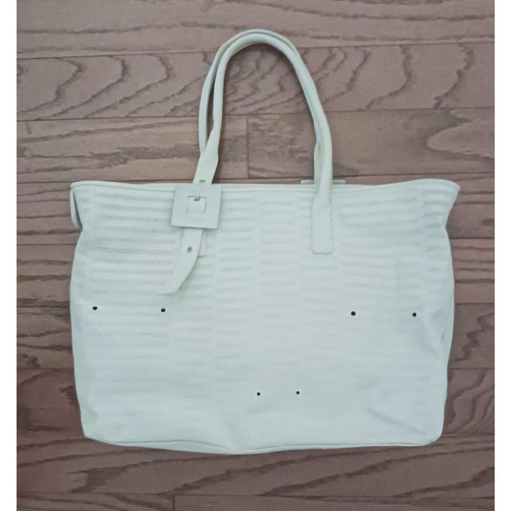 Renato Angi Vanilla Ivory Leather Lg Tote Brushed Silver Buckle Strap Made Italy